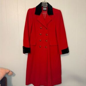 Vintage Rothschild Girls Red Wool Dress Coat Black Velvet Trim Union Made Large